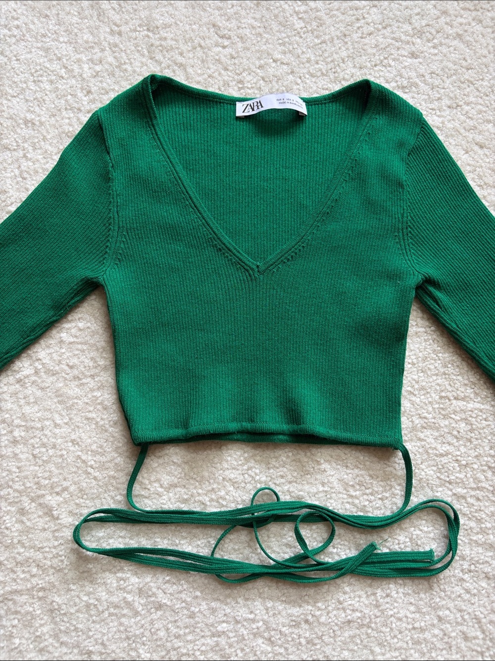 ZARA Emerald Green Ribbed Cropped V-Neck Top